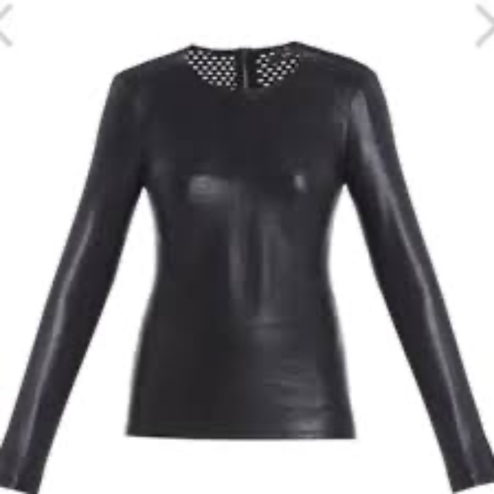 NWT BCBG MAX AZRIA Callan Long Sleeve Faux Leather Mesh Contrast Back Top XXS